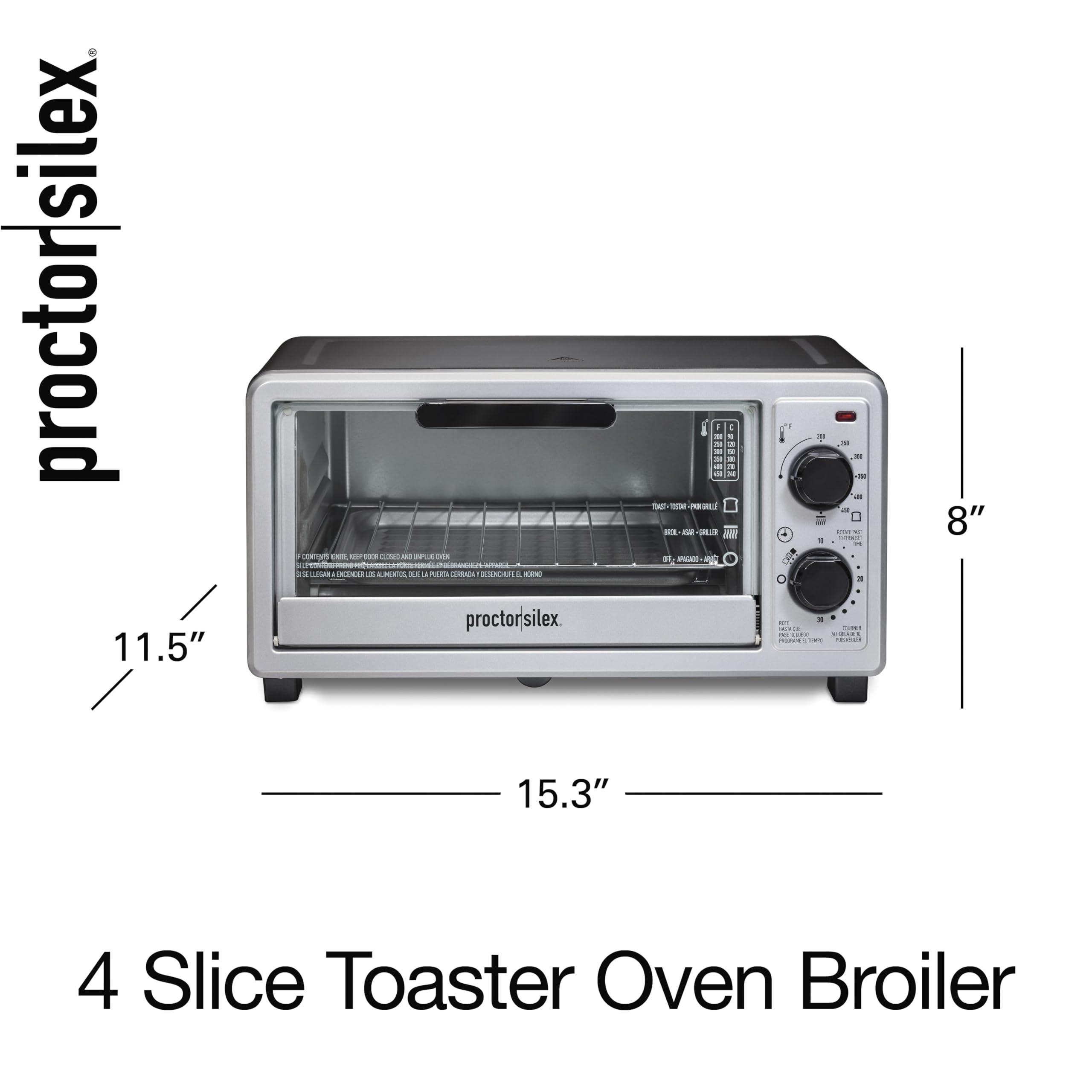 Proctor Silex 4 Slice Countertop Toaster Oven, Multi-Function with Bake, Toast and Broiler, 1100 Watts, 30 min timer and auto-shutoff, Includes Backing Pan and Rack, Black and Silver (31260)