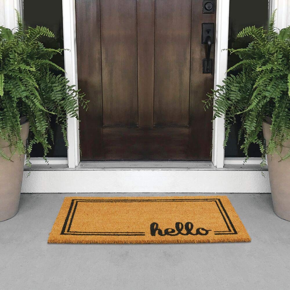 mDesign Rectangular Coir and Rubber Entryway Welcome Doormat with Natural Fibers for Indoor or Outdoor Use - Decorative Script Hello Design - Natural/Black