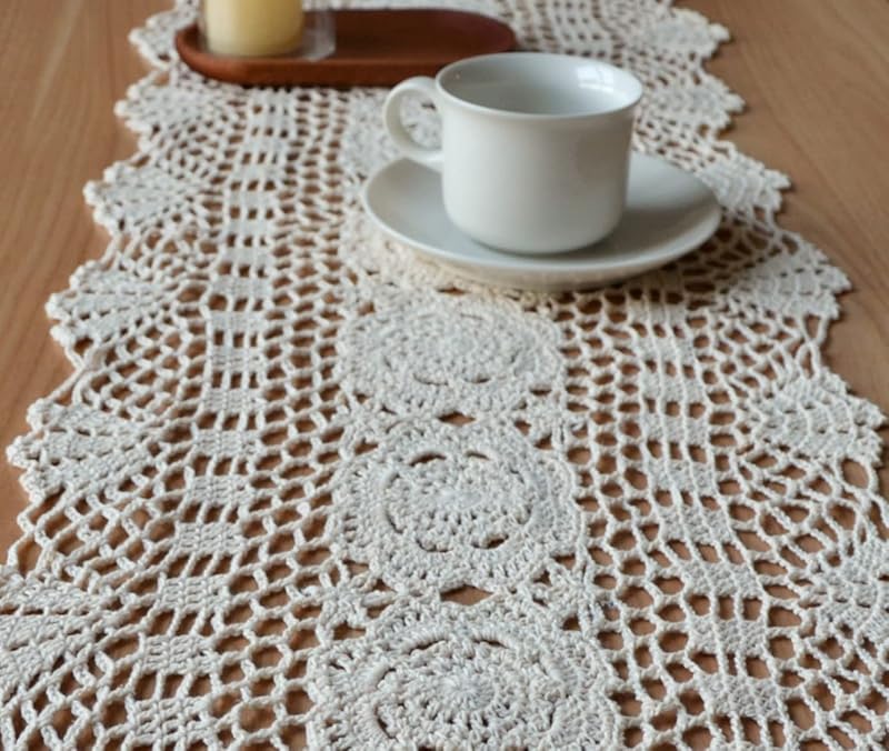 12" x 96" Hand Crochet Lace Table Runner - Farmhouse Boho Dresser Scarf, Ecru
