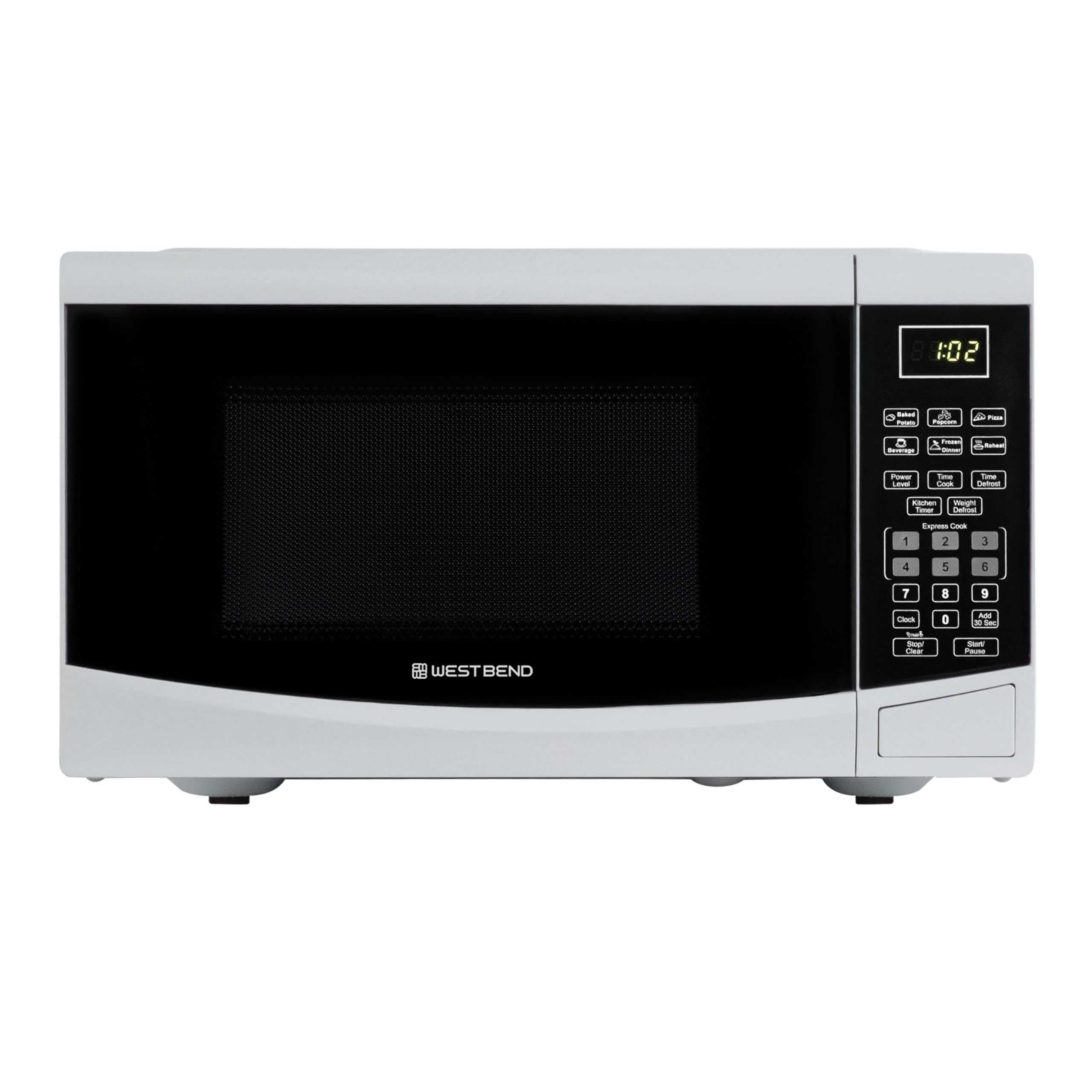 West Bend Microwave Oven 900-Watts Compact with 6 Pre-Set Cooking Settings, Speed Defrost, Electronic Control Panel and Glass Turntable, 0.9 Cu.Ft., White