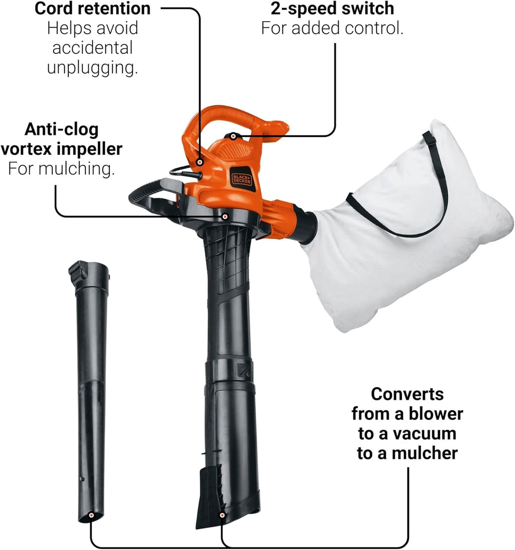 BLACK+DECKER 3-in-1 Corded Leaf Blower, Vacuum & Mulcher - 230 MPH, 12 Amp Handheld Combo