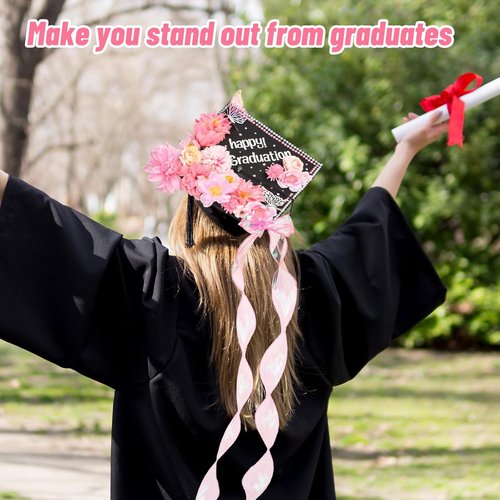 FYSUIMU Graduation Cap Decorations Kit - DIY Pink Grad Hat Toppers with Flowers & 3D Butterfly Stickers