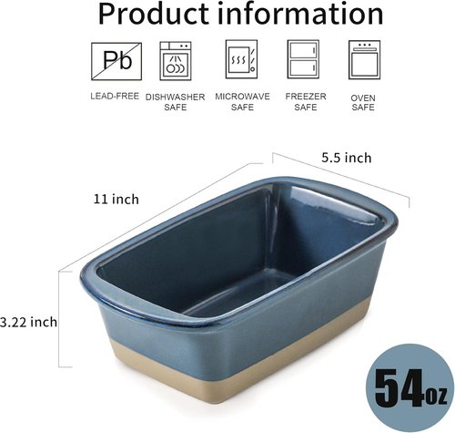 HVH Ceramic Loaf Pan - 9 x 5 Inch Bread Baking Dish | Farmhouse Style in Blue