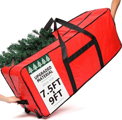 HOMEST Christmas Tree Storage Bag - Fits 7.5-9 Ft Artificial Trees | Zippered, Reinforced Handles & Wheels, Red