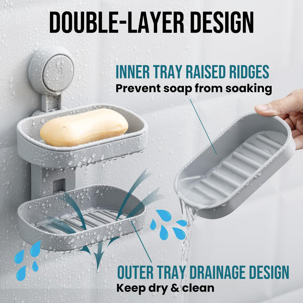 TAILI Soap Holder Soap Dish for Shower, Suction Cup Soap Holder for Shower Wall, Bathroom Accessories, Removable Strong Hold Soap Saver, Drill Free Double Soap Dish, Grey 2 Layer