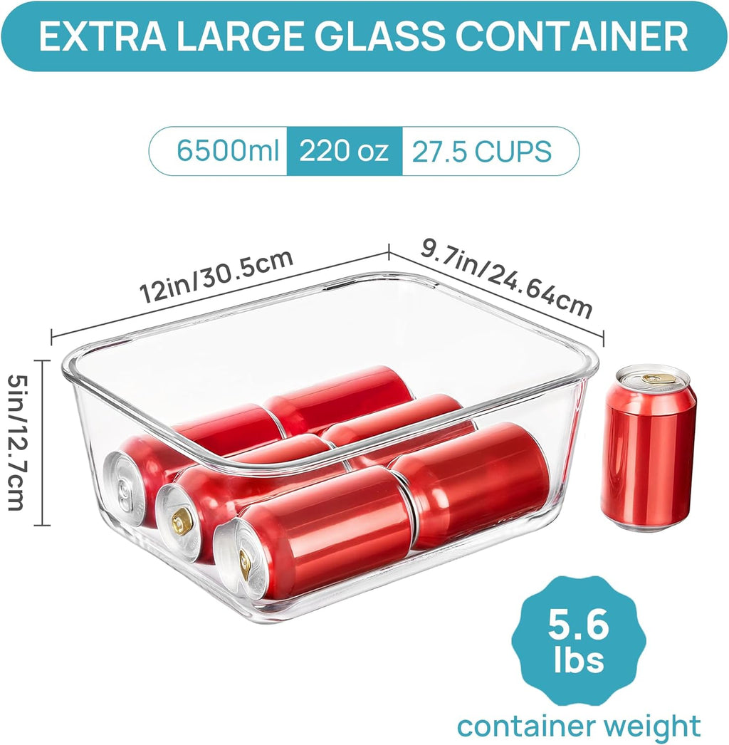 Vtopmart Extra Large Glass Food Storage Containers - 6.5L BPA Free with Airtight Snap Lids | Perfect for Roasting Turkey, Baking Casseroles, and Storing Fruits