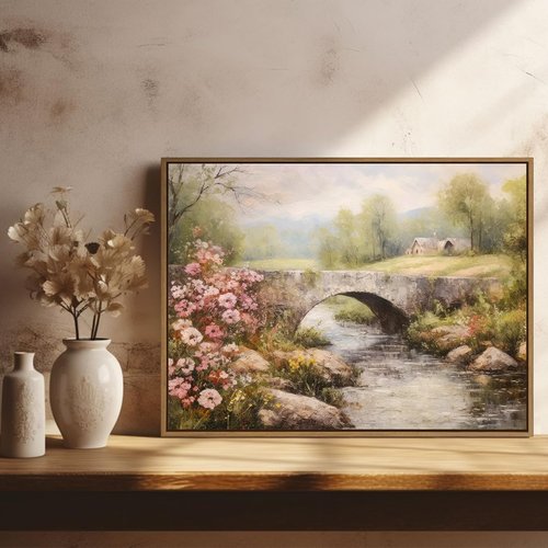 Gardenia Art Framed Wall Art - Country Landscape Canvas Print of Mountain Bridge & River | Spring Scene Decor for Farmhouse Bedroom