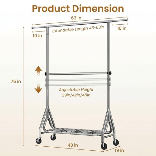 JIEJIERUI Heavy Duty Clothes Rack for Hanging Clothes, Double Rods Clothing Rack with Lockable Wheels, Rolling Garment Racks with Shelf, Easy to Assemble, Silver
