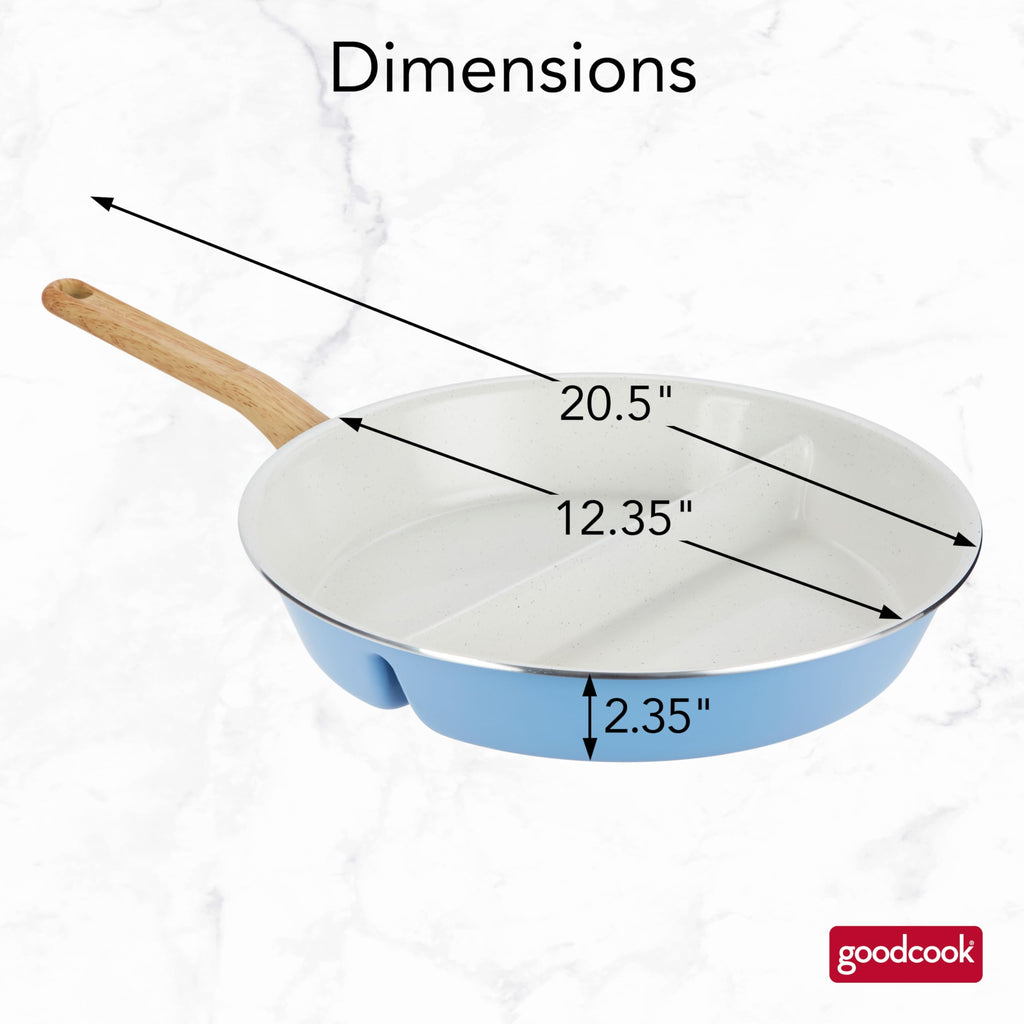 GoodCook Healthy Ceramic Titanium-Infused 12" Divided Skillet, Light Blue – Ceramic Cookware, Nonstick Cooking Pan, Divided Frying Pan Skillet for Eggs, Meats, Vegetables, Sauces, Warming Tortillas