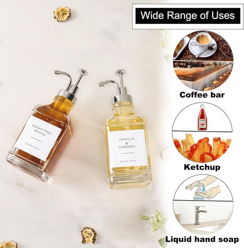 Coffee Syrup Dispenser Set by [Brand Name] - Clear Glass Bottles with Pump | 500ml, Chrome Finish for Coffee Bar