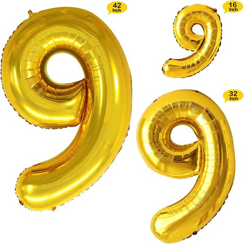GOER Gold Foil Number Balloons - Huge 9th Birthday Party Decorations | 3 Pcs Set (42", 32", 16")
