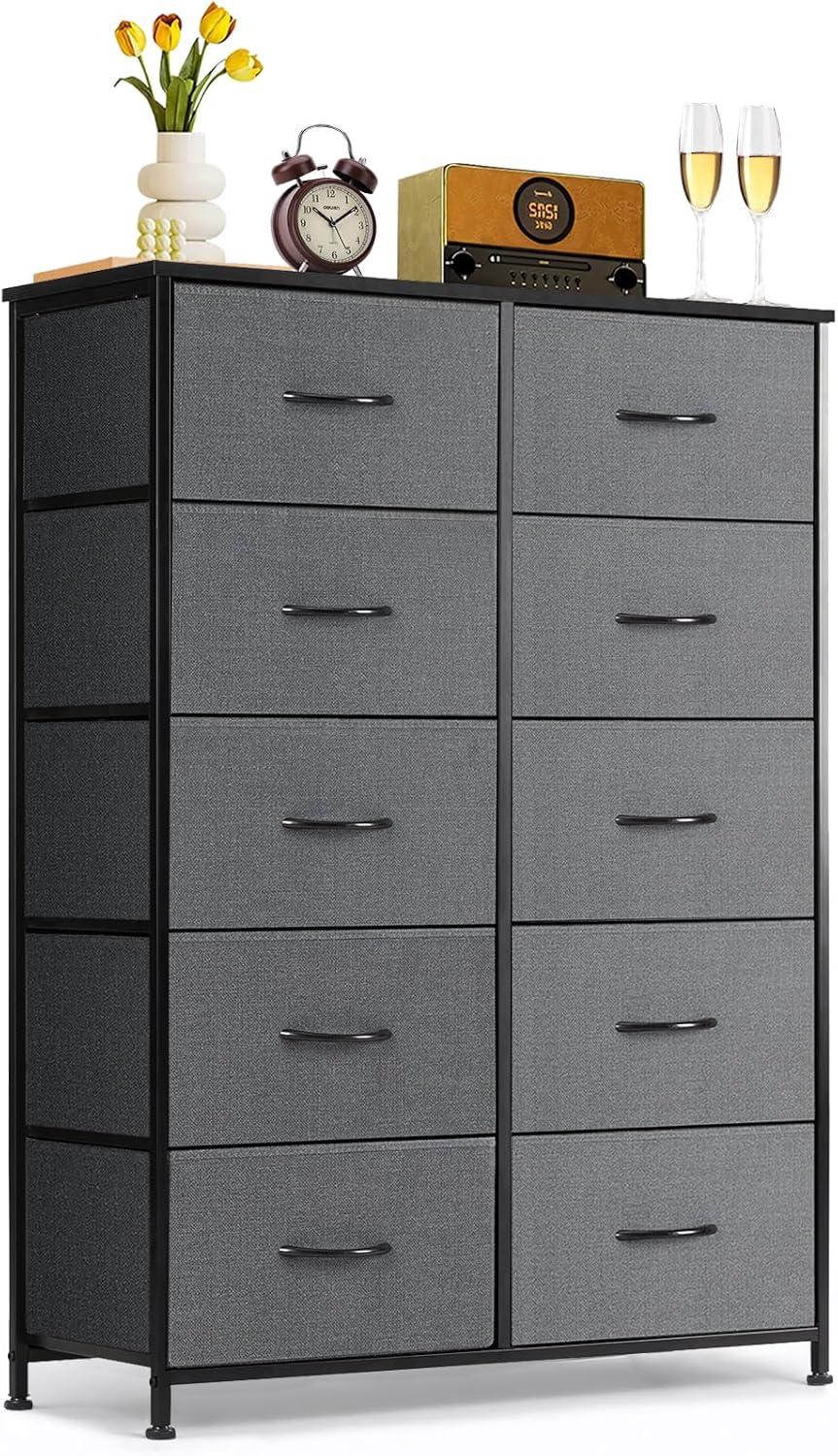 Skiennix 10-Drawer Dresser - Anti-Tip Tall Storage Organizer with Wooden Top & Metal Frame | Gray