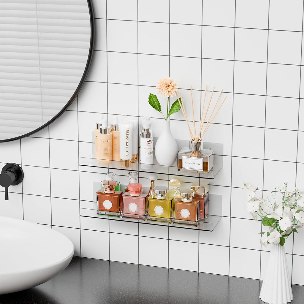 Skiennix 15-Inch Clear Acrylic Floating Shelves - Renter-Friendly Wall Display for Bathroom & Bedroom | 4 Pack