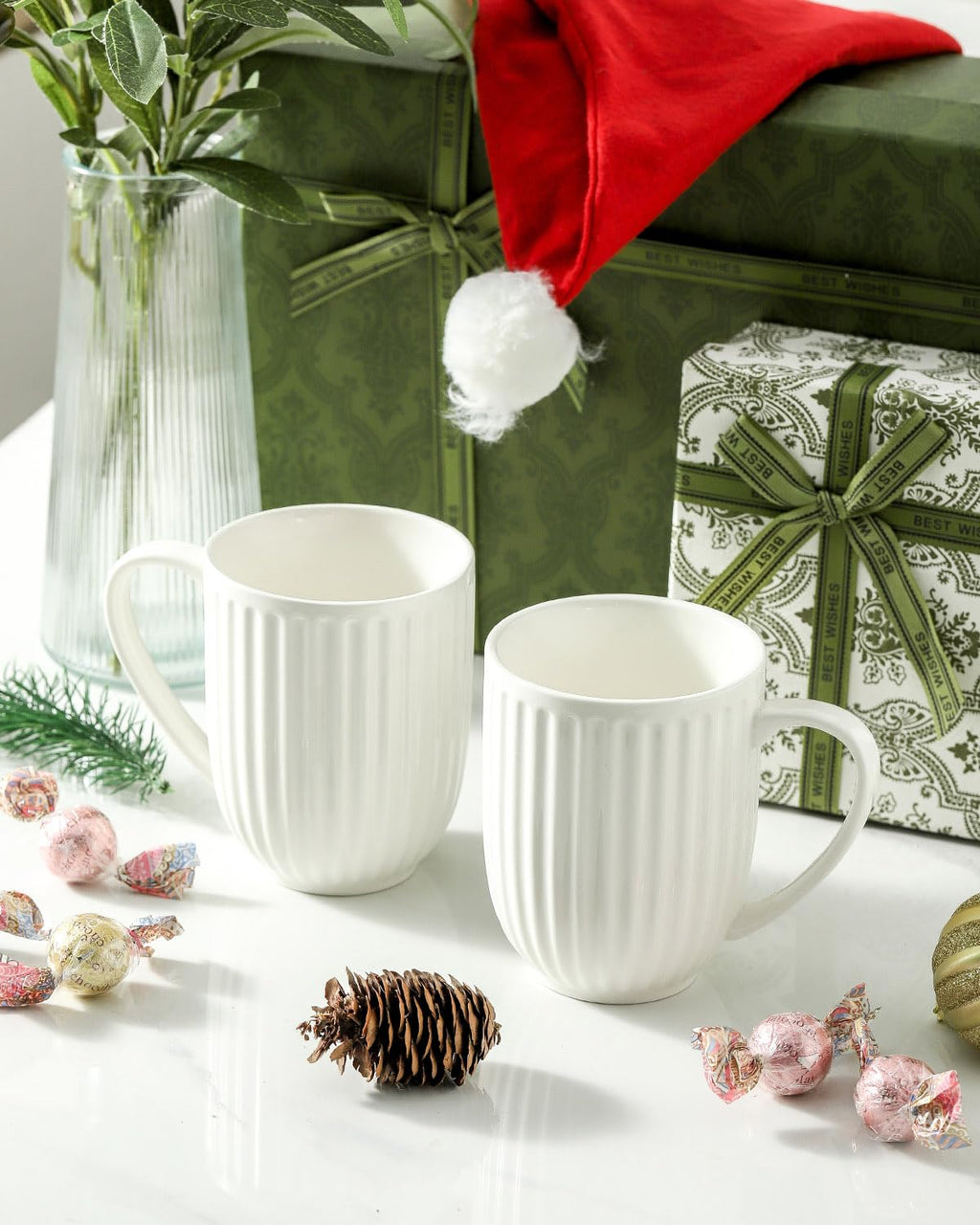 HASENSE Ceramic Coffee Mugs Set of 6, 16 Oz Large Ribbed Coffee Cups with Big Handle, Unique Modern Style White Latte Mugs for Tea,Cocoa,Milk,Cappuccino, Microwave & Dishwasher Safe