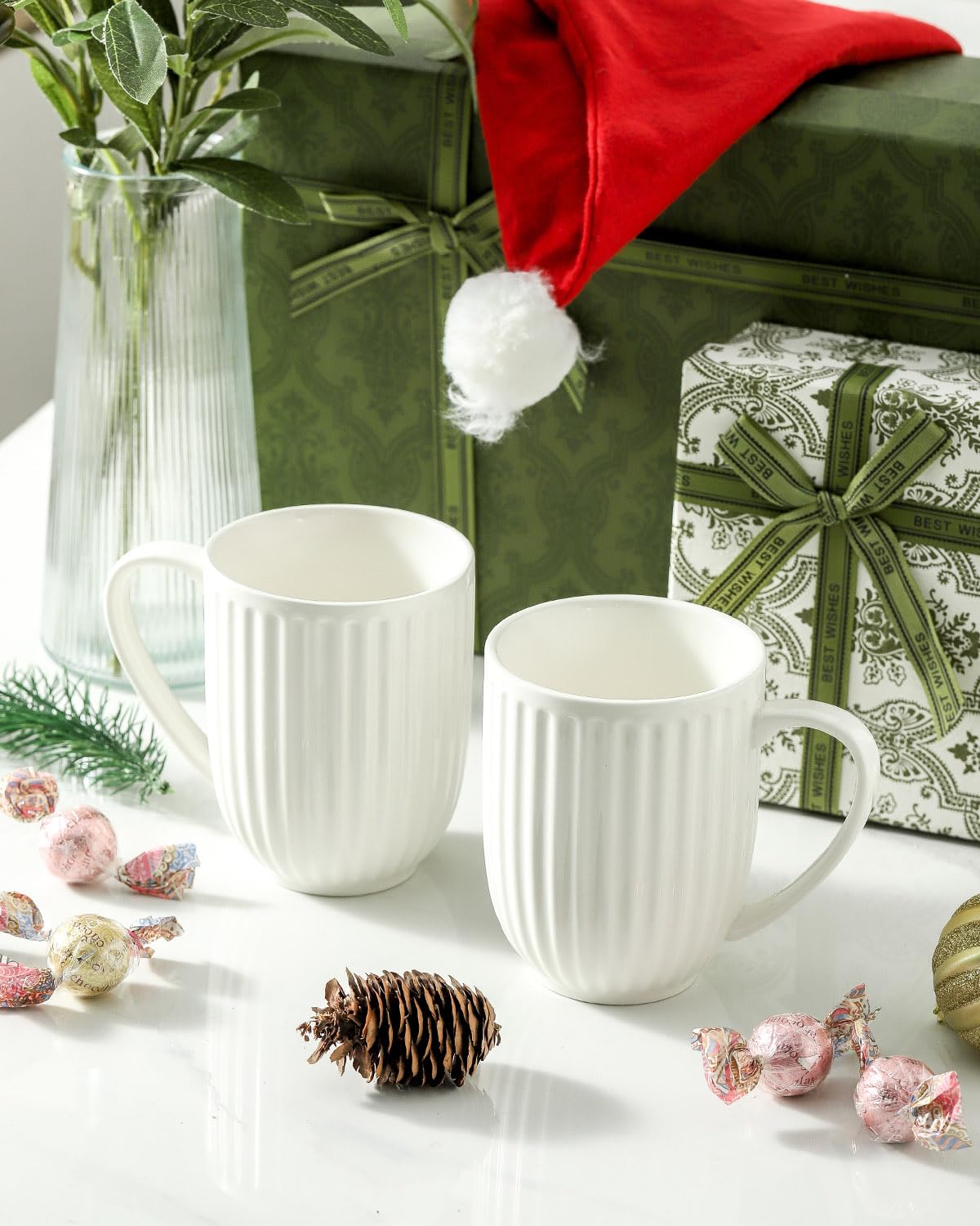 HASENSE Ceramic Coffee Mugs Set of 6, 16 Oz Large Ribbed Coffee Cups with Big Handle, Unique Modern Style White Latte Mugs for Tea,Cocoa,Milk,Cappuccino, Microwave & Dishwasher Safe