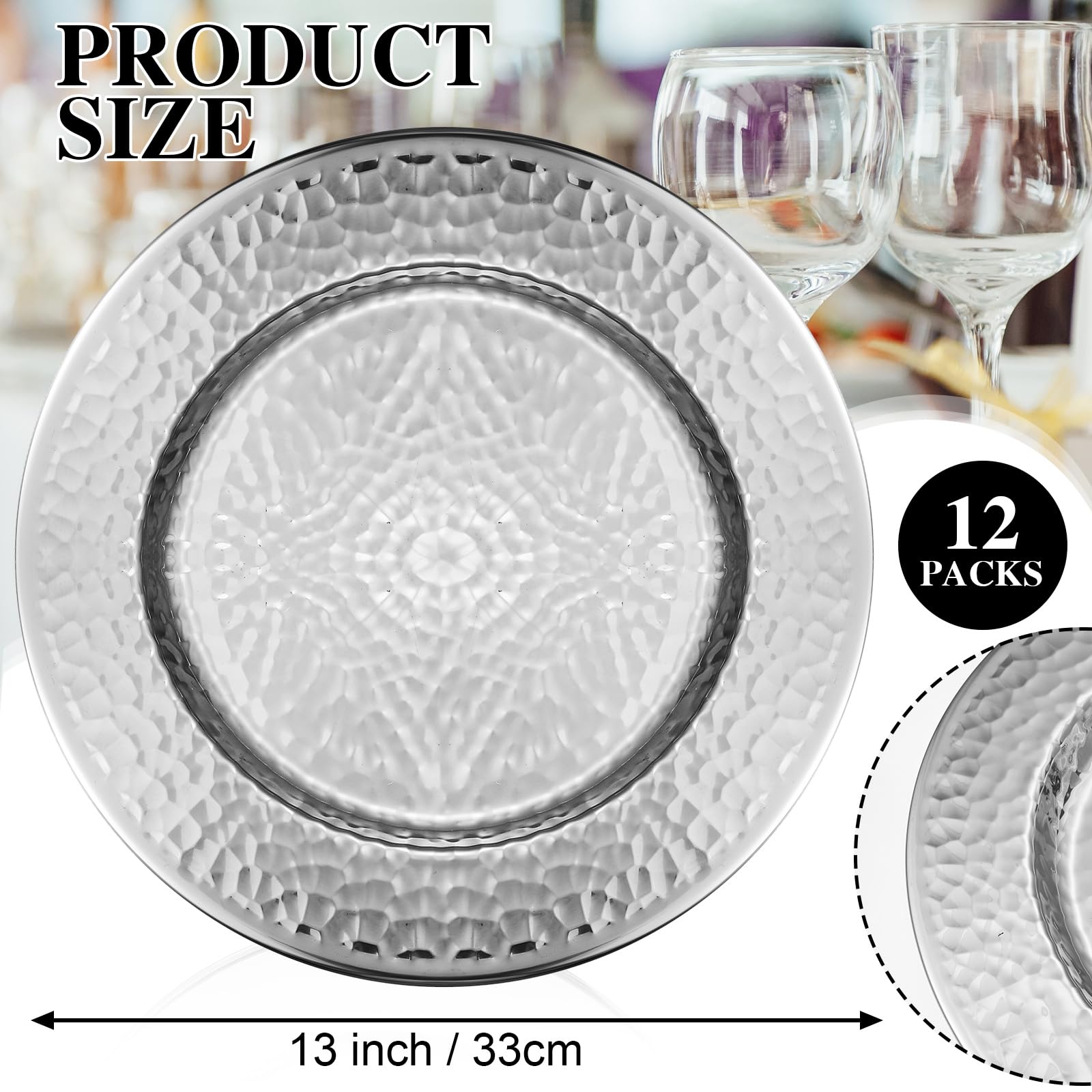 FillTouch 12 Packs Chargers Plates Bulk 13 Inch Stainless Steel Hammered Rim Round Elegant Dinner Plates Luxury Decorative Chargers for Wedding Party Catering Upscale Events (Silver)