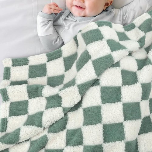 HOMRITAR Checkered Baby Blanket - Sage Green Soft & Fluffy 3D Chessboard Design | Reversible 30 x 40 Inch for Infants