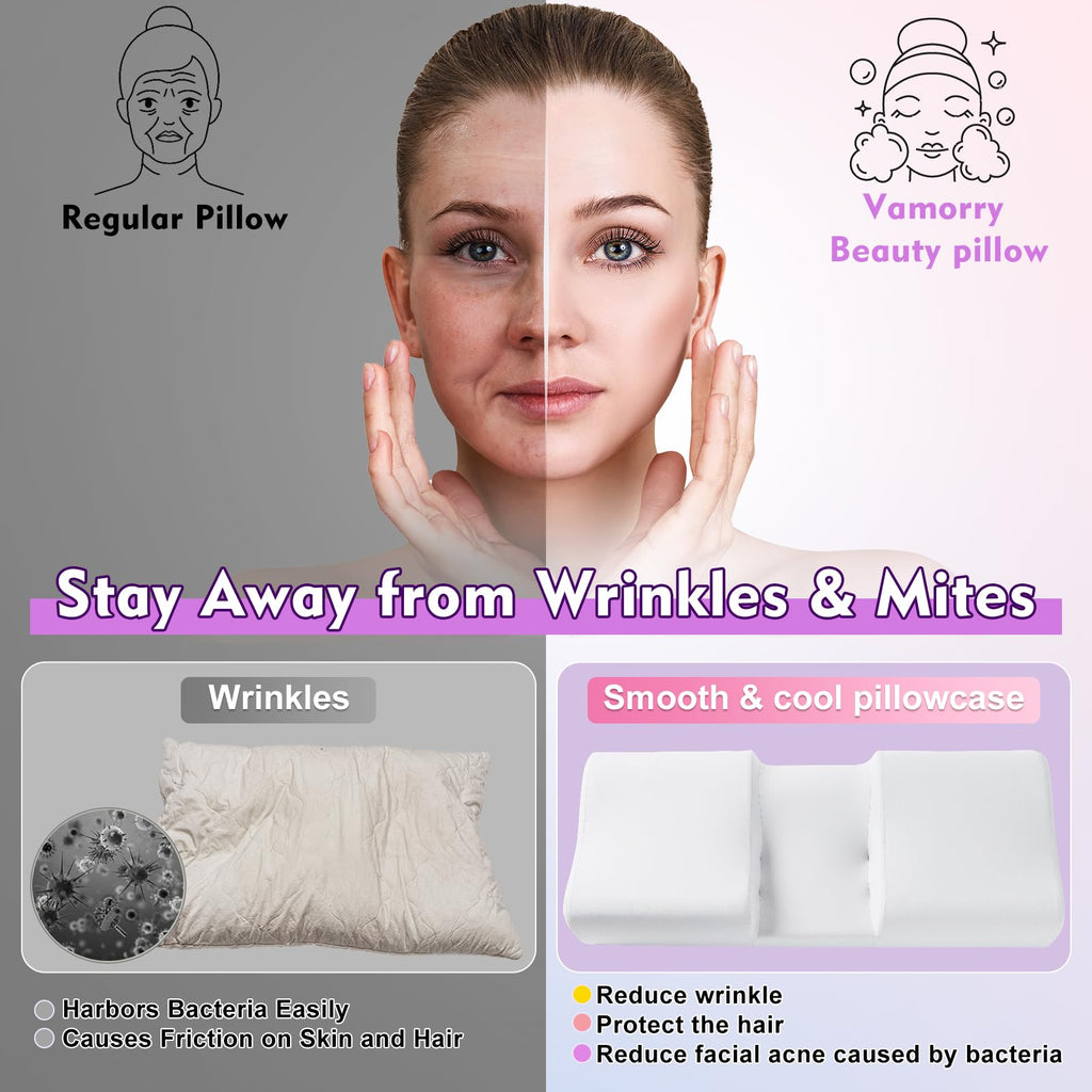 Anti Wrinkle Ergonomic Back Sleep Training Pillow: Cervical Memory Foam Anti Aging Beauty Pillow for Neck Pain Relief - Contoured Neck & Shoulder Support Flawless Face Pillow with Cooling Pllowcase