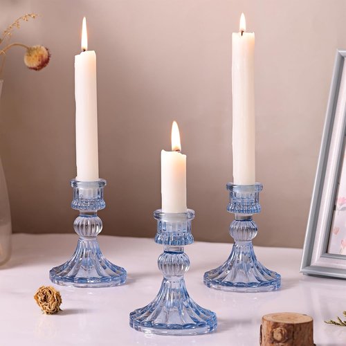 DARJEN 12PCS Blue Candlestick Holders Set - 4" Tall Glass Taper Candle Holders for Weddings & Home Decor