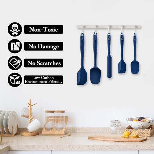HOTEC Silicone Rubber Spatula Set - 600℉ Heat Resistant, BPA-Free, Dishwasher Safe | Classic Blue, Set of 5