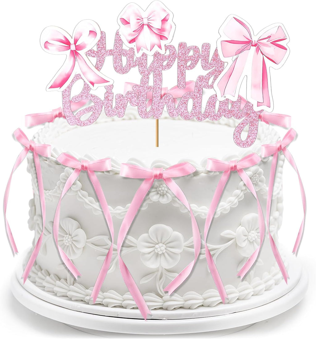 Tmtains 21Pcs Pink Bow Cake Toppers - Glitter Happy Birthday Sign & Cute Party Decorations