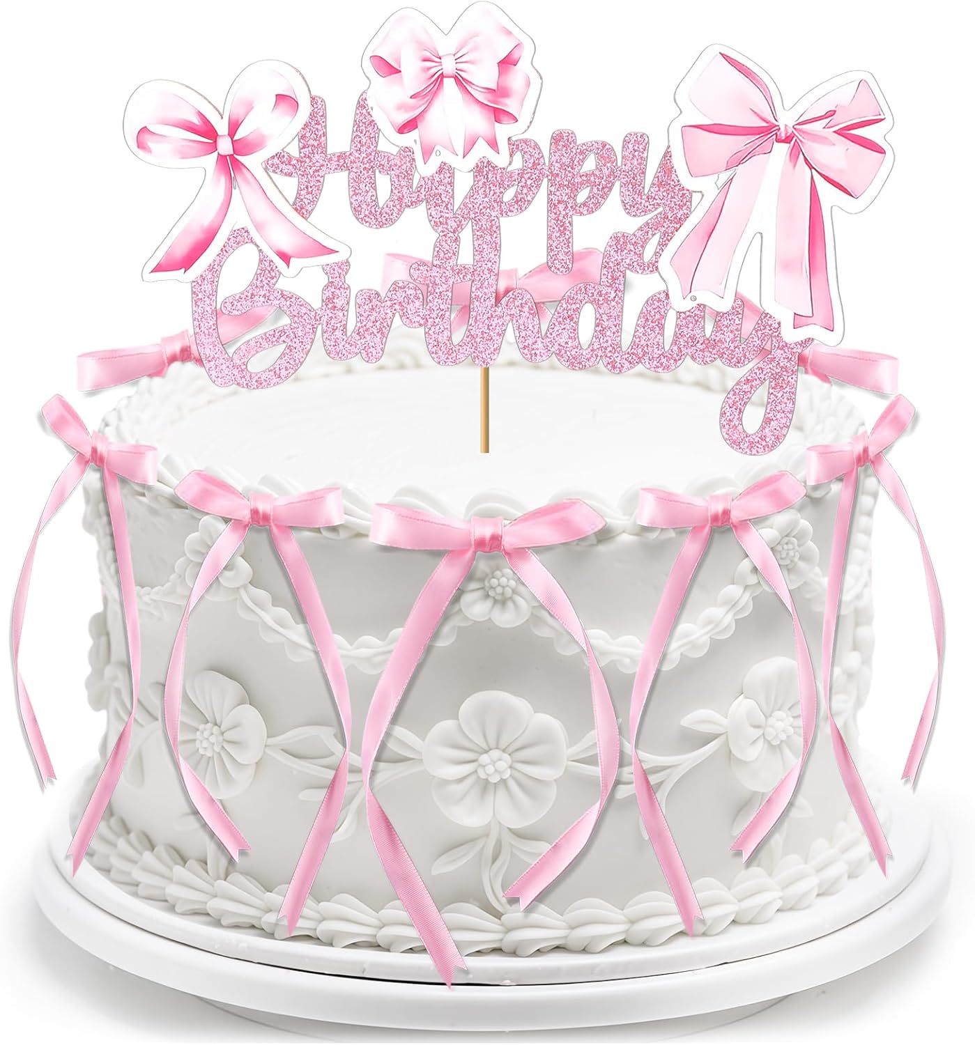 Tmtains 21Pcs Pink Bow Cake Toppers - Glitter Happy Birthday Sign & Cute Party Decorations