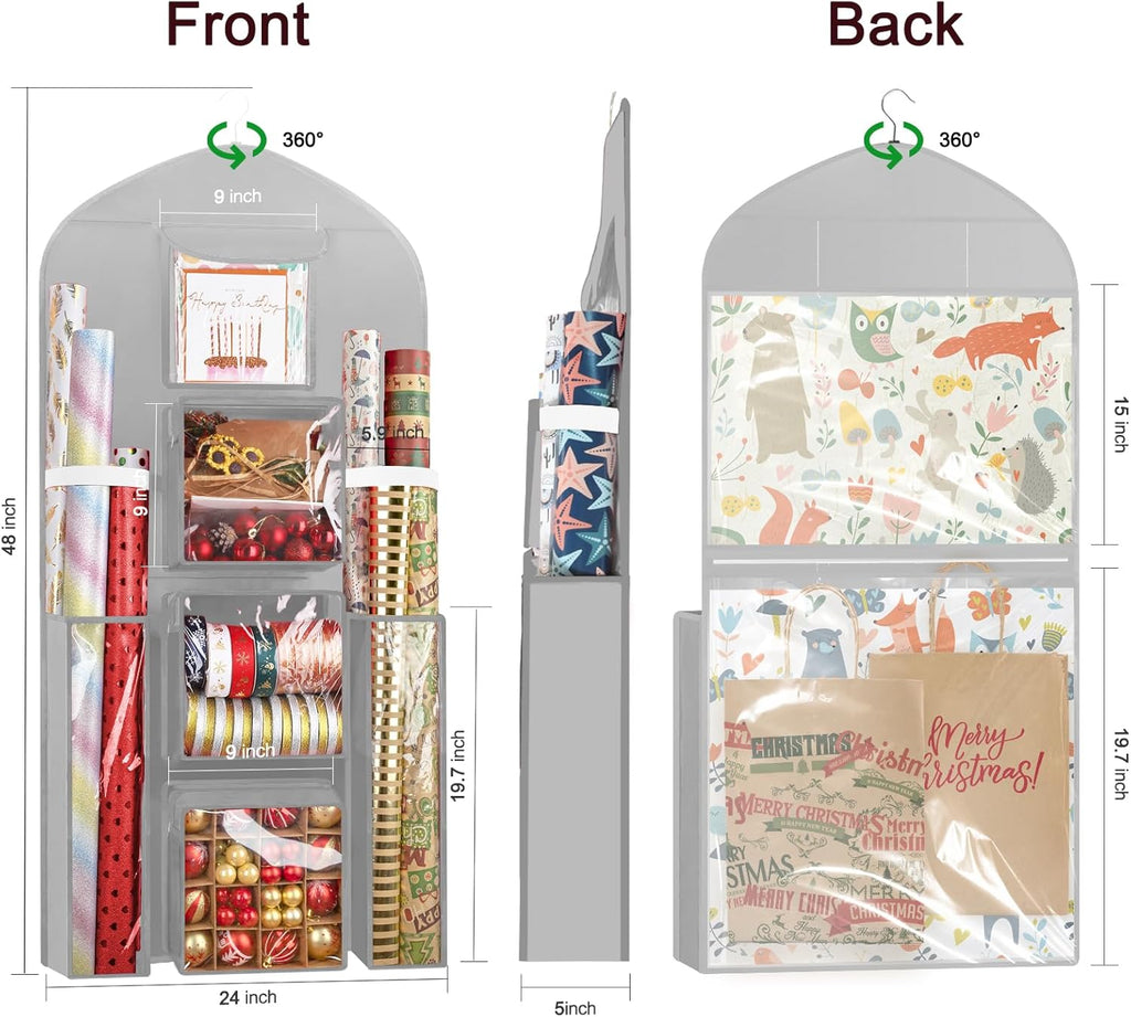 Woodoulogy Gift Wrapping Paper Storage Bag - Extra Large 48x24 Grey Double-Sided Organizer for Christmas