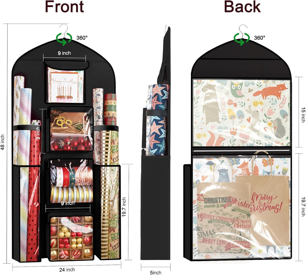 Woodoulogy Gift Wrapping Paper Storage - Extra Large 48x24 Black Double-Sided Organizer Bag