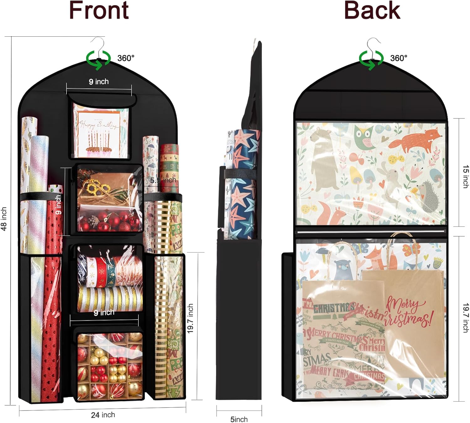 Woodoulogy Gift Wrapping Paper Storage - Extra Large 48x24 Black Double-Sided Organizer Bag