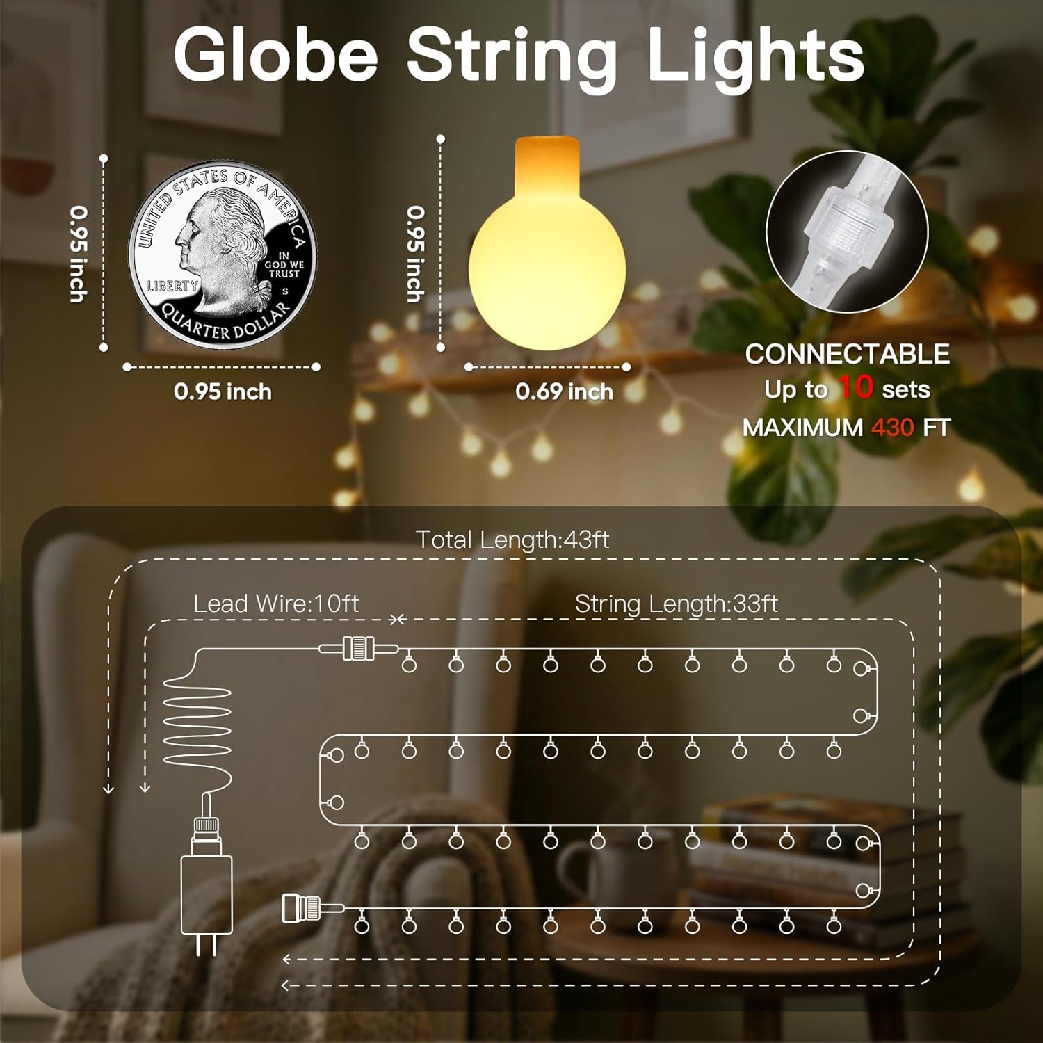 Suddus Globe String Lights - 33ft 100 LED Indoor/Outdoor Fairy Lights with Remote | Warm White