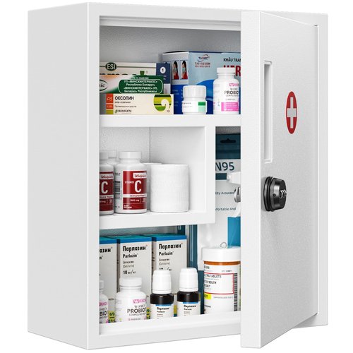 POKIPO Locking Medicine Cabinet, Empty Metal Medicine Storage Box Wall Mount with All-Metal Digit Lock Keyless, Bathroom Cabinet Organizer Over The Toilet, First Aid Box for Home School Business