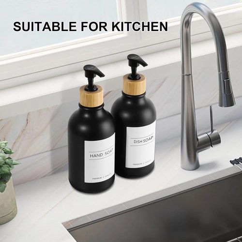 KASUNTING Hand Soap Dispenser Set - Stylish Black Dish Soap Dispenser with Bamboo Pump | 17 Fl Oz, 2 Pack