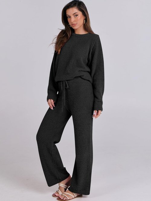 ANRABESS Women's Fuzzy Fleece Pajama Set - Cozy Long Sleeve Top & Wide Leg Pants | Fall/Winter 2025