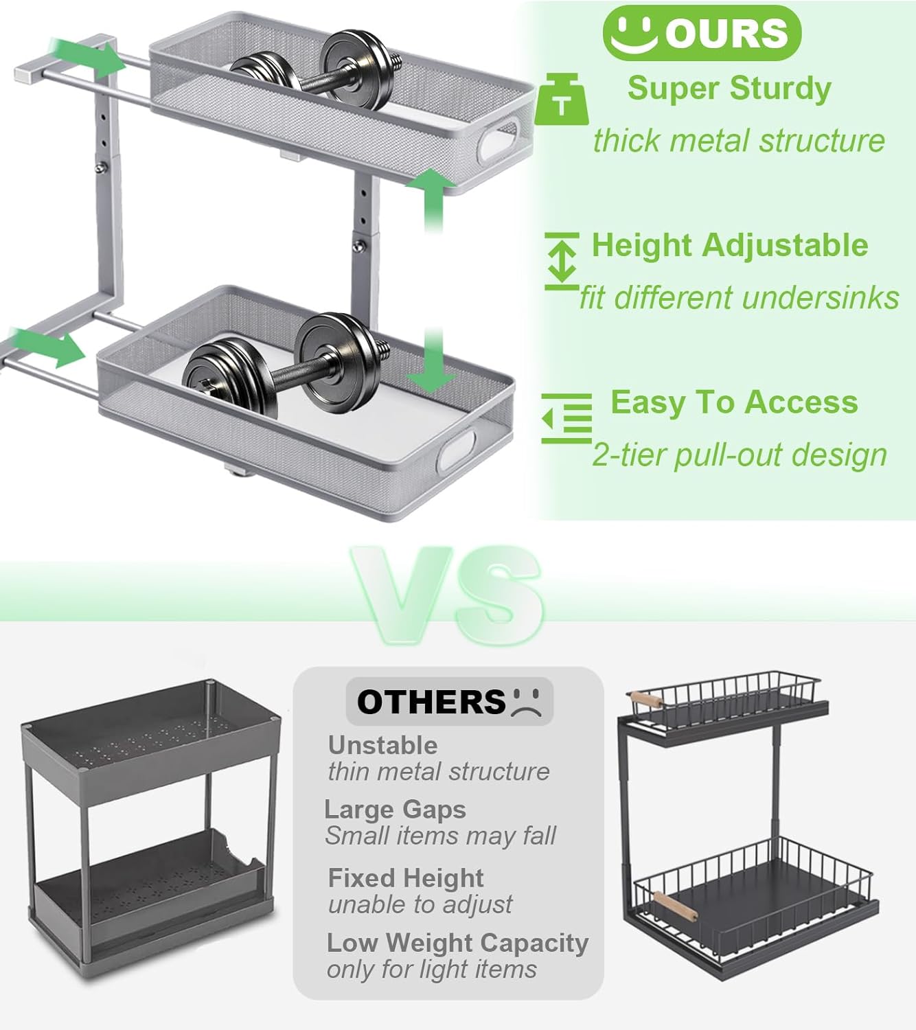 Under Sink Organizer 2 Pack - Adjustable 2 Tier Metal Storage Drawers for Kitchen & Bathroom