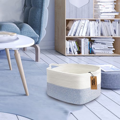 Comfy-Homi Cotton Rope Woven Storage Basket - Stylish Organizing Bin with Handles | 13.5"x11"x9.5" | White/Blue
