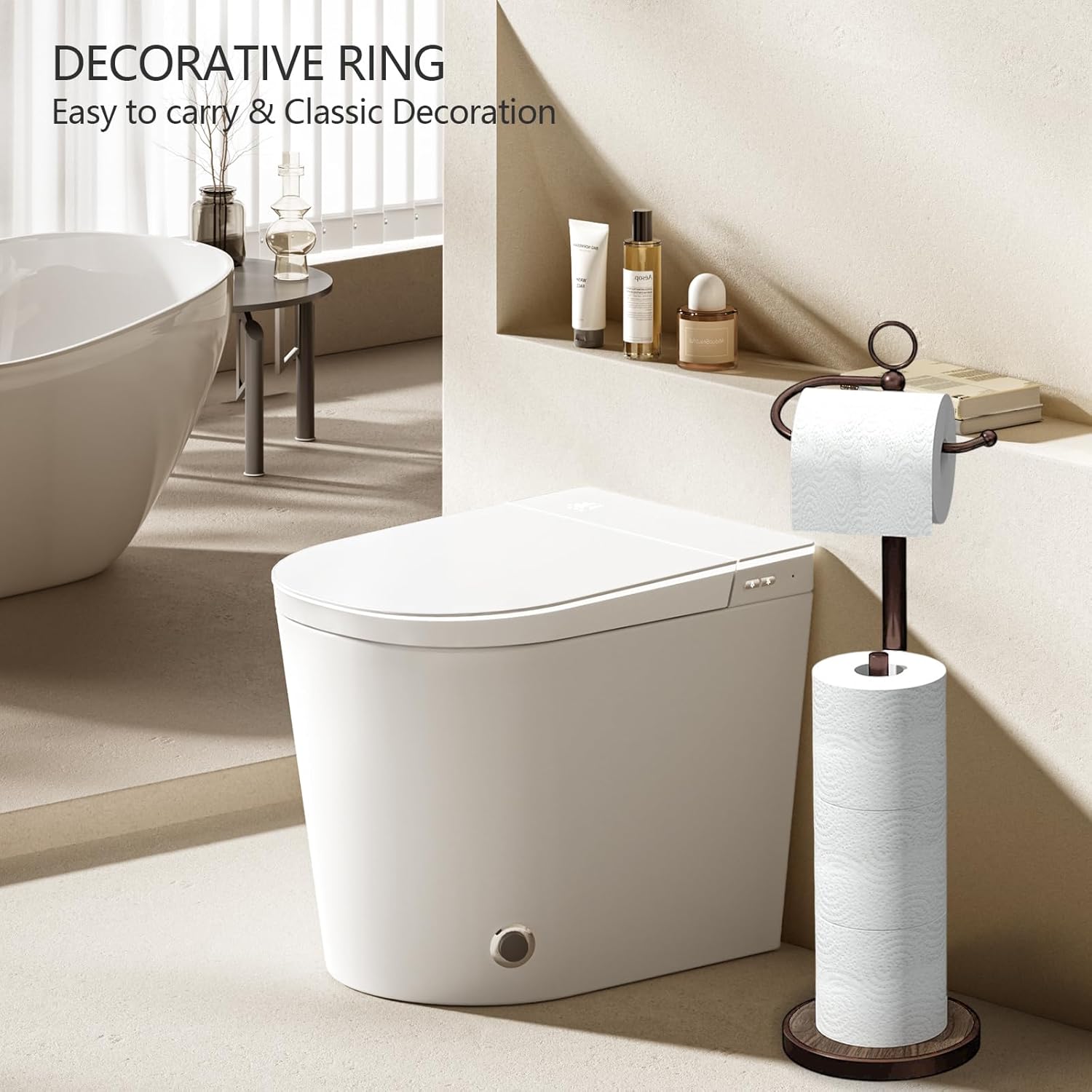 Skiennix Free Standing Toilet Paper Holder - Stylish Storage for 4 Rolls with Weighted Wood Grain Base - Black & Bronze