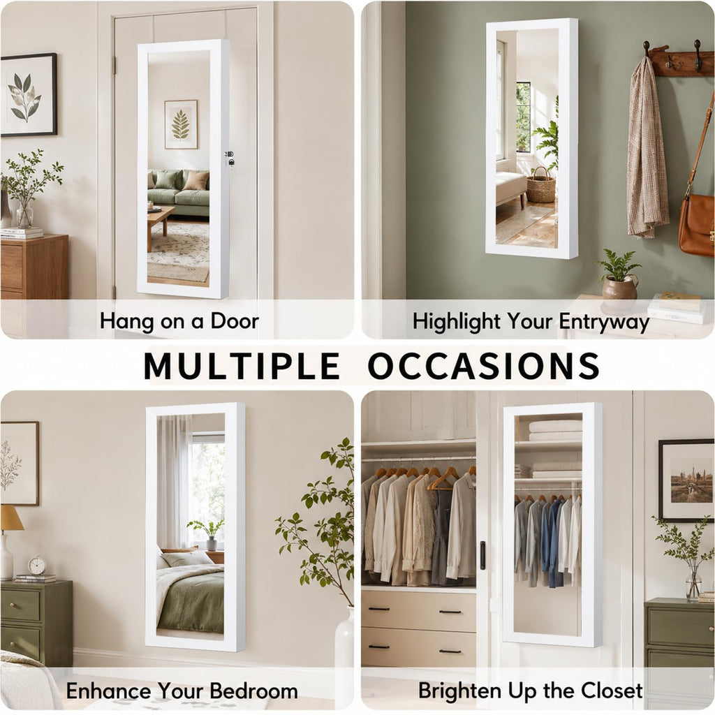 JOYUSAEN Over the Door Jewelry Organizer, Wall Mounted Jewelry Cabinet, Hanging Mirror with Storage Box, Wall/Door Mounted Full Length Mirror with LED