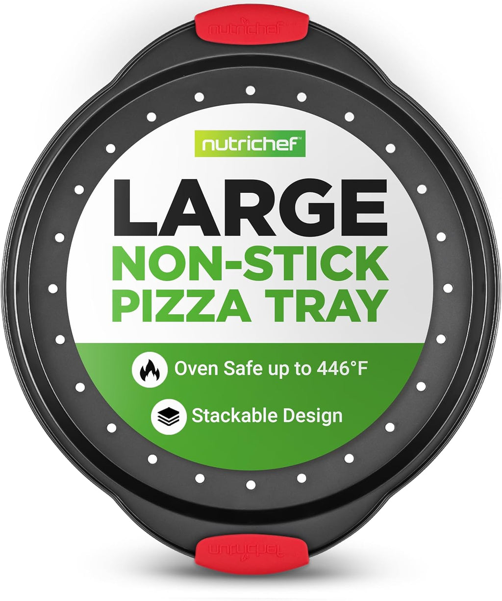 NutriChef 13-Inch Nonstick Pizza Tray | Round Carbon Steel Pan with Perforated Holes & Silicone Grip Handles