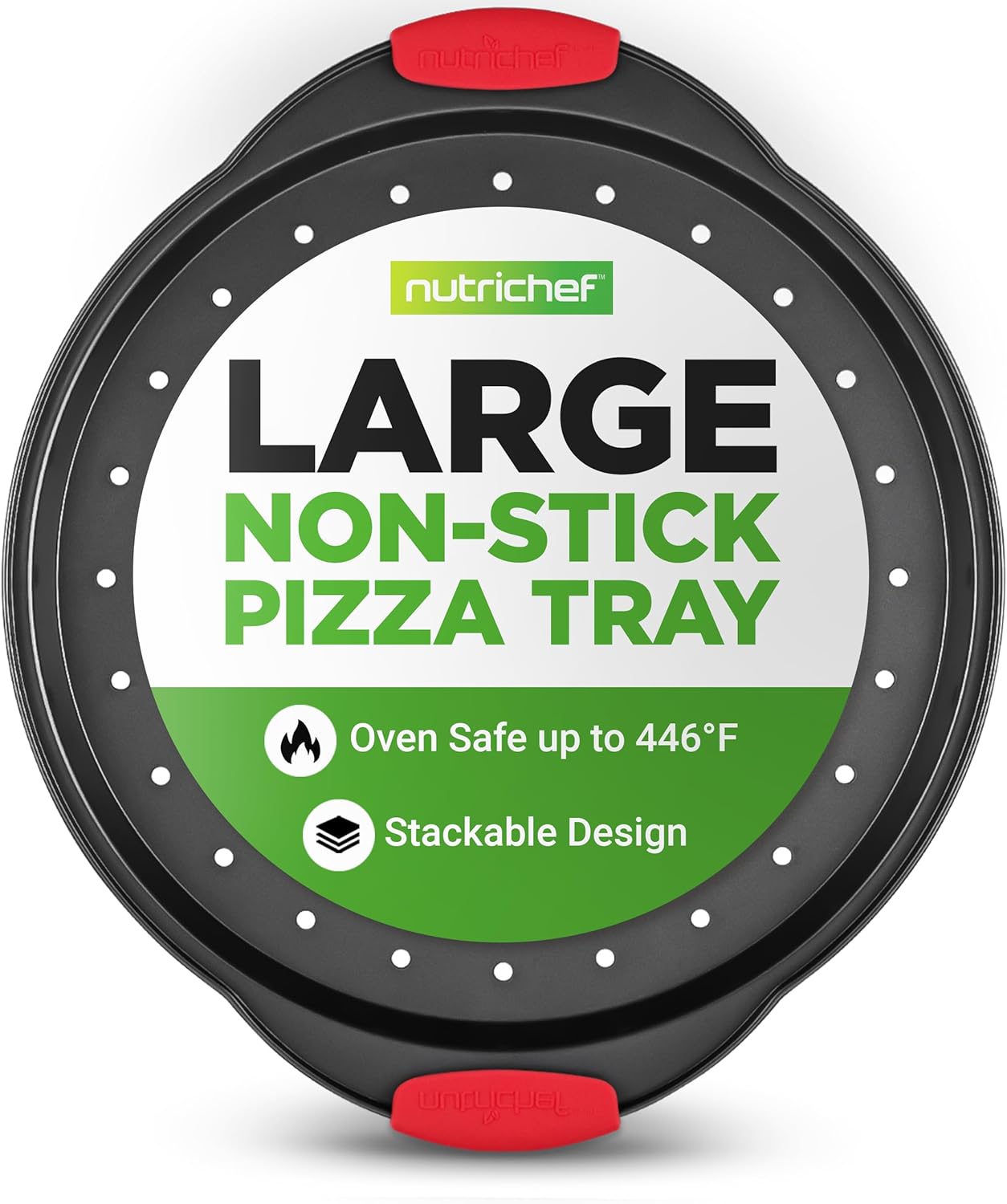 NutriChef 13-Inch Nonstick Pizza Tray | Round Carbon Steel Pan with Perforated Holes & Silicone Grip Handles