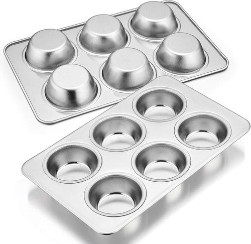 E-far Muffin Pan Set of 2 - Stainless Steel 6-Cup Baking Tray | Non-Toxic & Dishwasher Safe, Regular Size 11.44 x 7.12 x 1.25 Inch