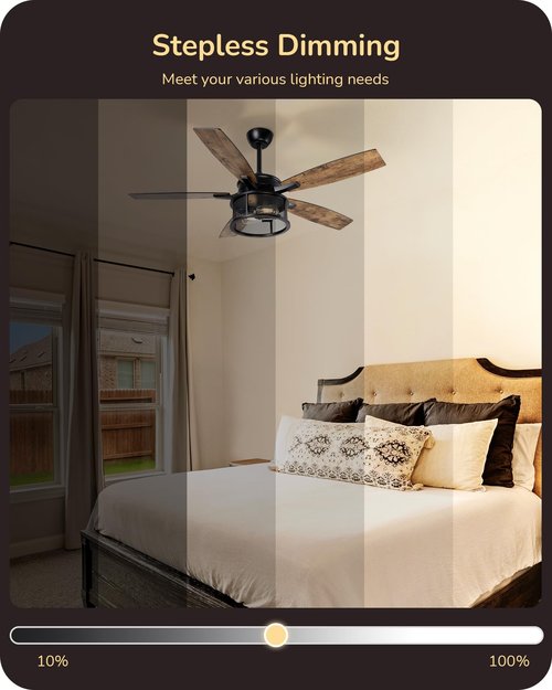 EDISHINE 52" Farmhouse Ceiling Fans with Lights and Remote, 10%-100% Dimmable, 5 Wooden Blades Lighting & Ceiling Fans with Timer, 6 Speeds Reversible DC Motor for Living Room Bedroom
