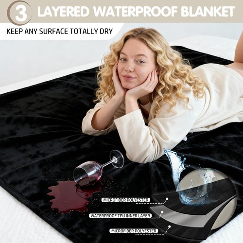 KISSAZ Waterproof Blanket for Couch Bed Cover, Black Blankets Waterproof and Stain Proof, Reversible Blankets for Bed, Machine Washable Double-Sided Bed Blanket (Black, 26''x36'')