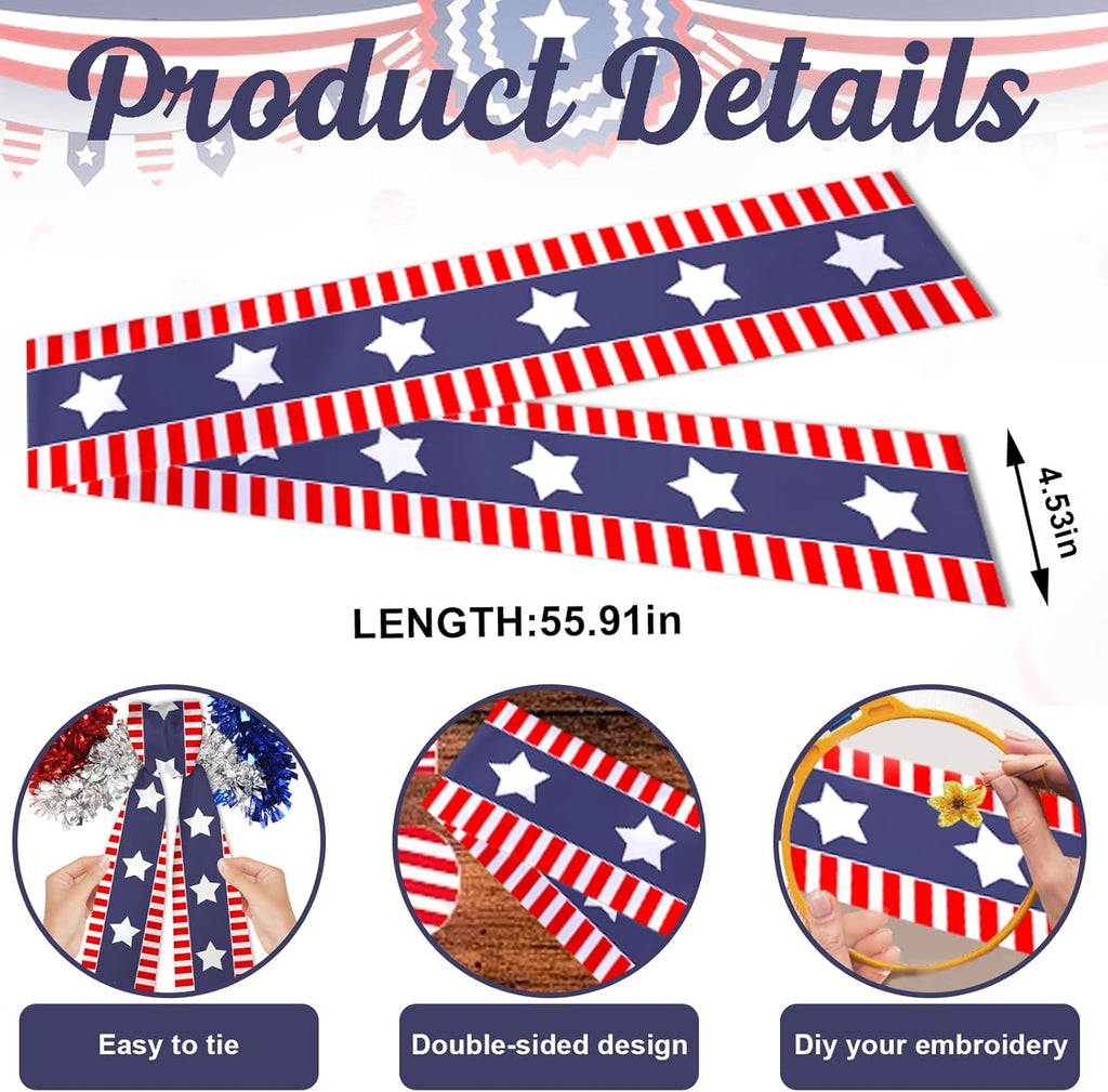 Patriotic 4th of July Wreath Sash by [Brand Name] - 4.5" x 56" Red & Blue Satin Ribbon with Stars & Stripes