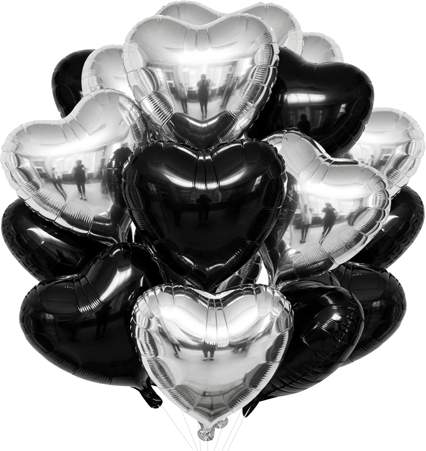 TONIFUL 30Pcs Black & Silver Heart Shape Foil Balloons - 18 Inch Party Decorations for Birthdays & Weddings