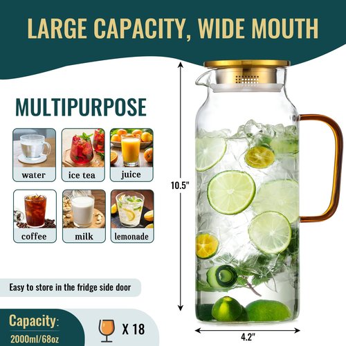 4 Pack 2 Liter/68 oz Glass Pitcher with Lid, Water Pitchers with Handle for Fridge, Large Jug for Iced Tea, Coffee, Borosilicate Glass Carafe for Hot/Cold Brew Drink and Homemade Beverage, Gold