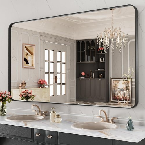 LOAAO Black Metal Framed Bathroom Mirror - 48x28 Inch Matte Black Vanity Mirror | Anti-Rust, Tempered Glass, Versatile Hanging Options