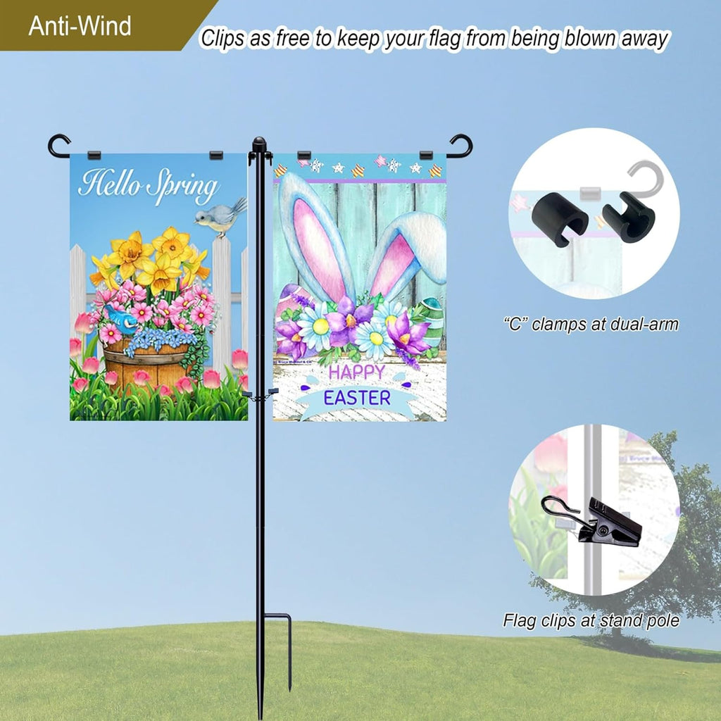 Skiennix Garden Flag Stand Holder - Dual Arm Yard Flagpole for 12"x18" Flags | 39-Inch Black Design