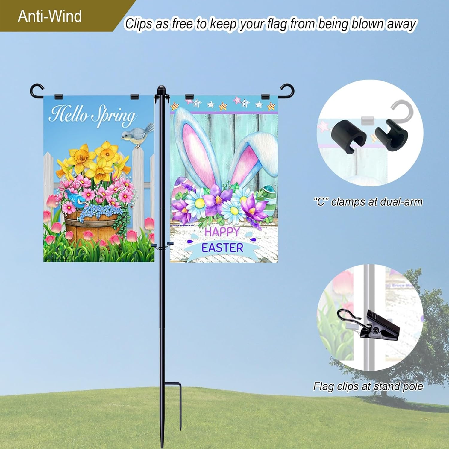 Skiennix Garden Flag Stand Holder - Dual Arm Yard Flagpole for 12"x18" Flags | 39-Inch Black Design