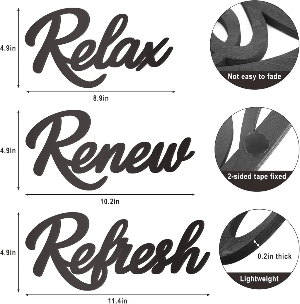 Skiennix Black Wooden Bathroom Sign - 3-Piece Wall Art Set for Farmhouse Decor | Relax, Renew, Refresh