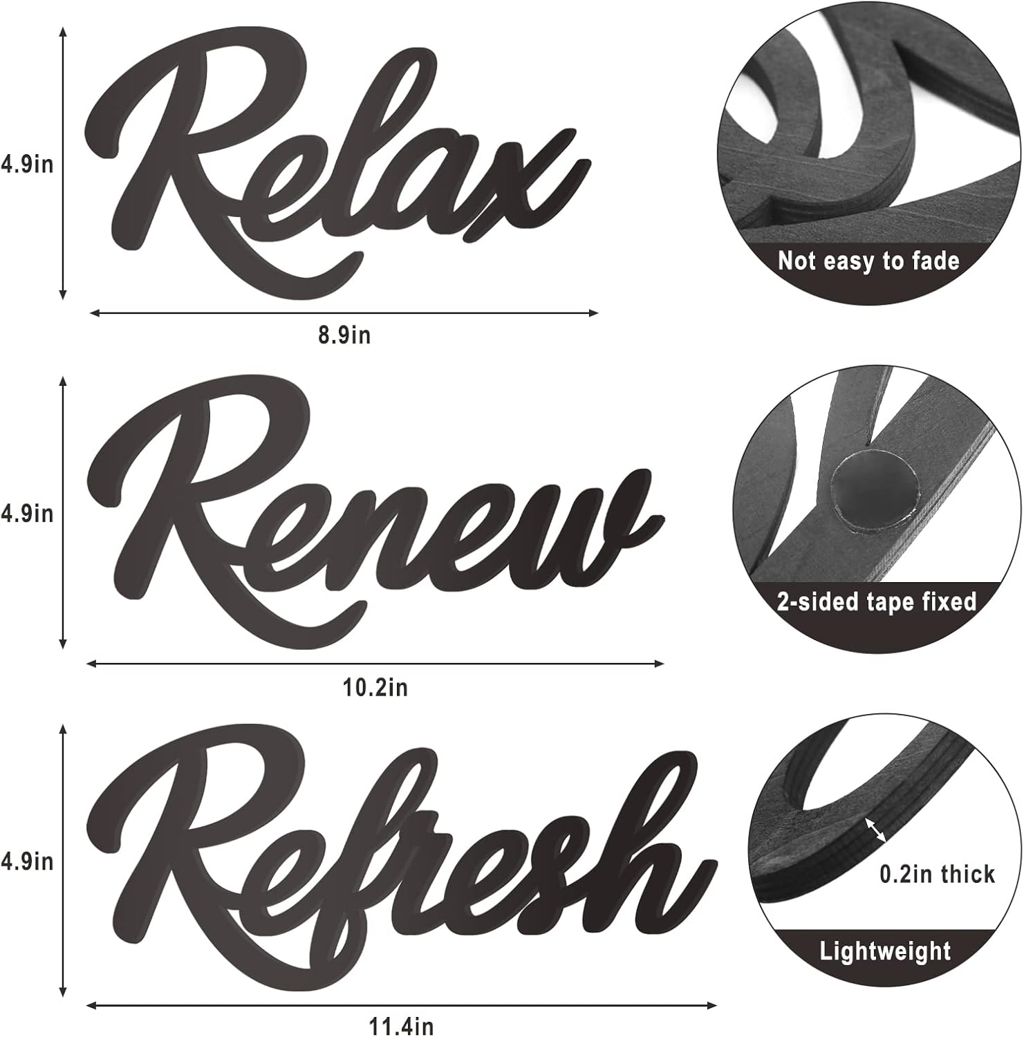 Skiennix Black Wooden Bathroom Sign - 3-Piece Wall Art Set for Farmhouse Decor | Relax, Renew, Refresh